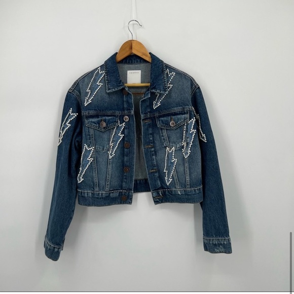 Sandro Pearl Lightning Bolt Cropped Denim Crop Jean Jacket - Picture 7 of 13